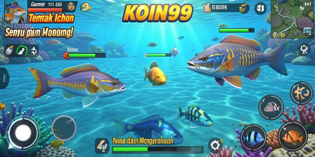 Screenshot gameplay KOIN99 menampilkan momen seru menangkap ikan.