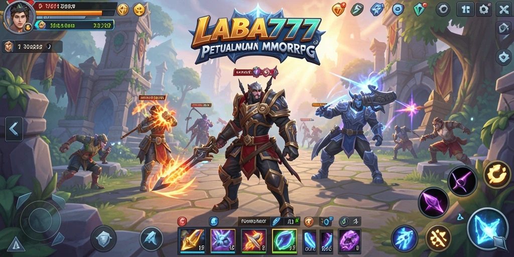 Screenshot gameplay LABA777 dengan karakter bertempur di dunia fantasi.
