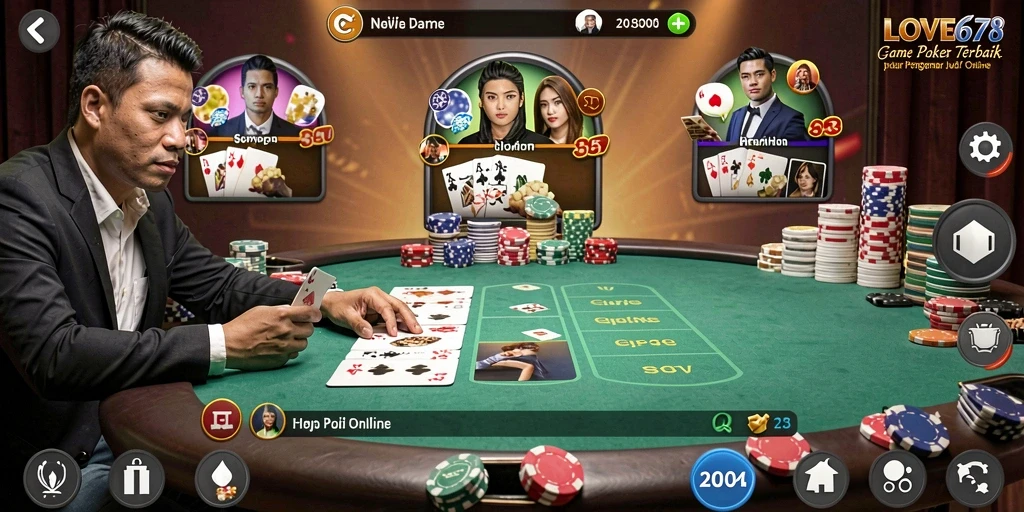 Screenshot gameplay LOVE678 menampilkan suasana seru permainan Poker.