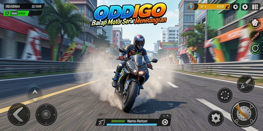 Screenshot gameplay ODDIGO menampilkan balap motor yang mendebarkan.