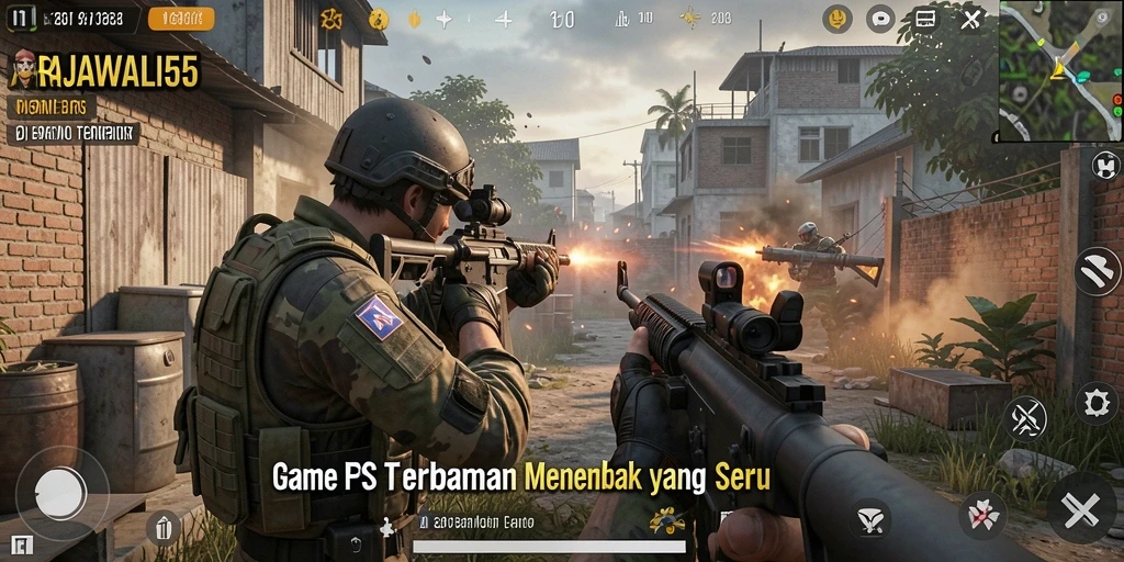 Tampilan gameplay menegangkan dari RAJAWALI55 yang menampilkan aksi FPS intens.