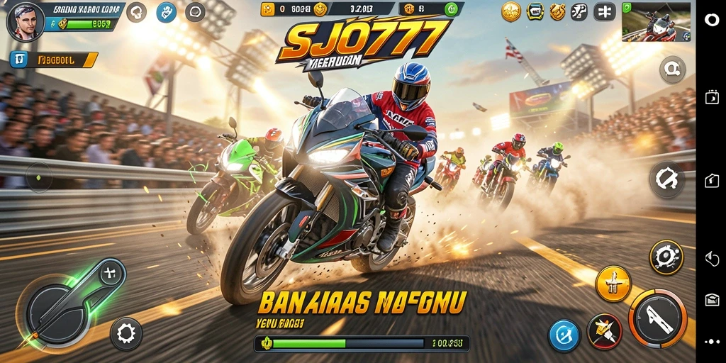 Screenshot gameplay SJO777 menampilkan balapan motor yang mendebarkan.
