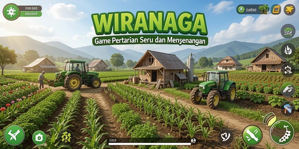 Gameplay WIRANAGA menampilkan ladang luas dan hasil panen yang melimpah.